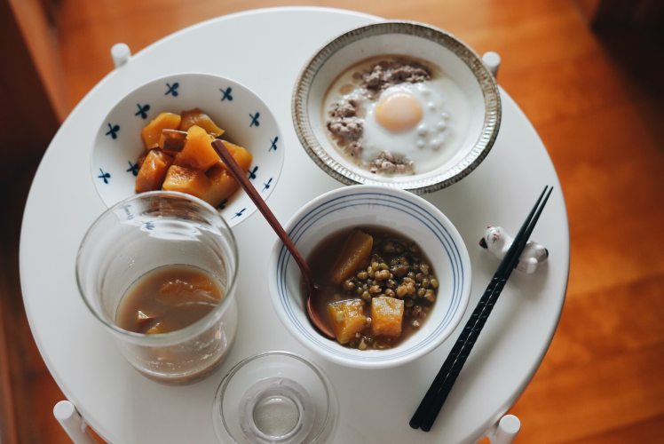南瓜绿豆汤+椰香煮南瓜+肉饼蒸蛋